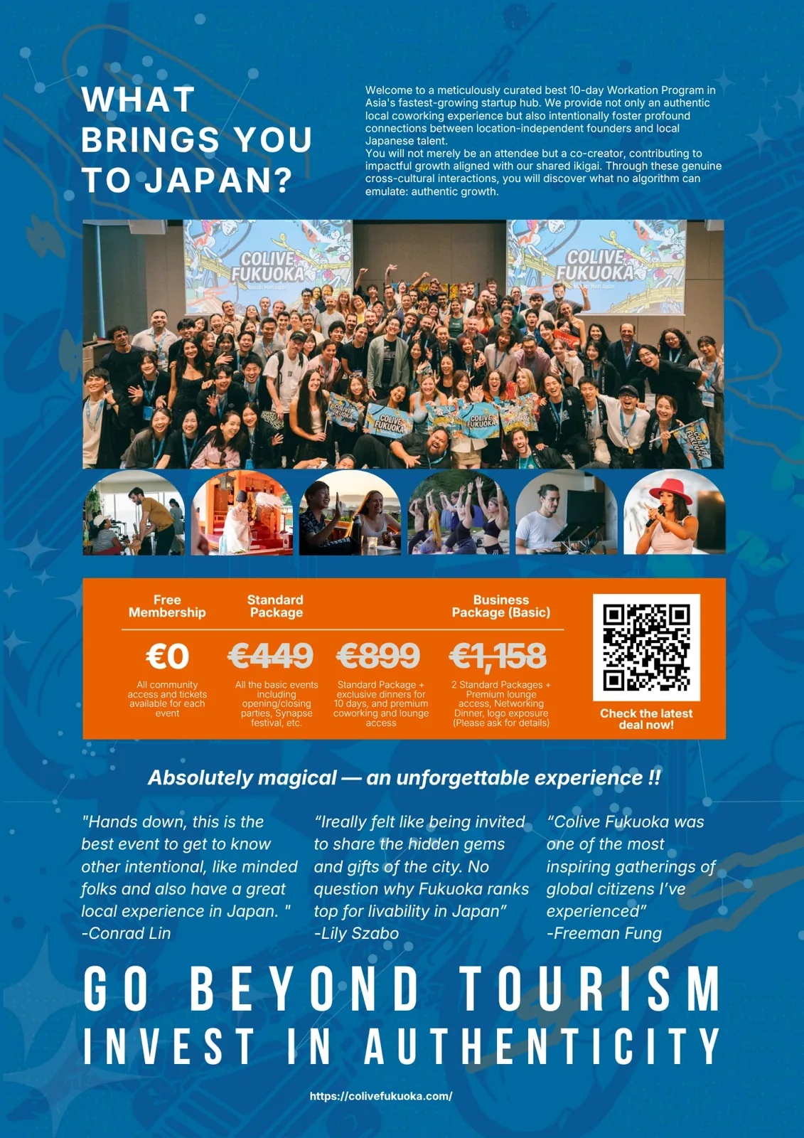 Official Colive Fukuoka poster: 'What brings you to Japan?' with community photos, membership options and participant testimonials.