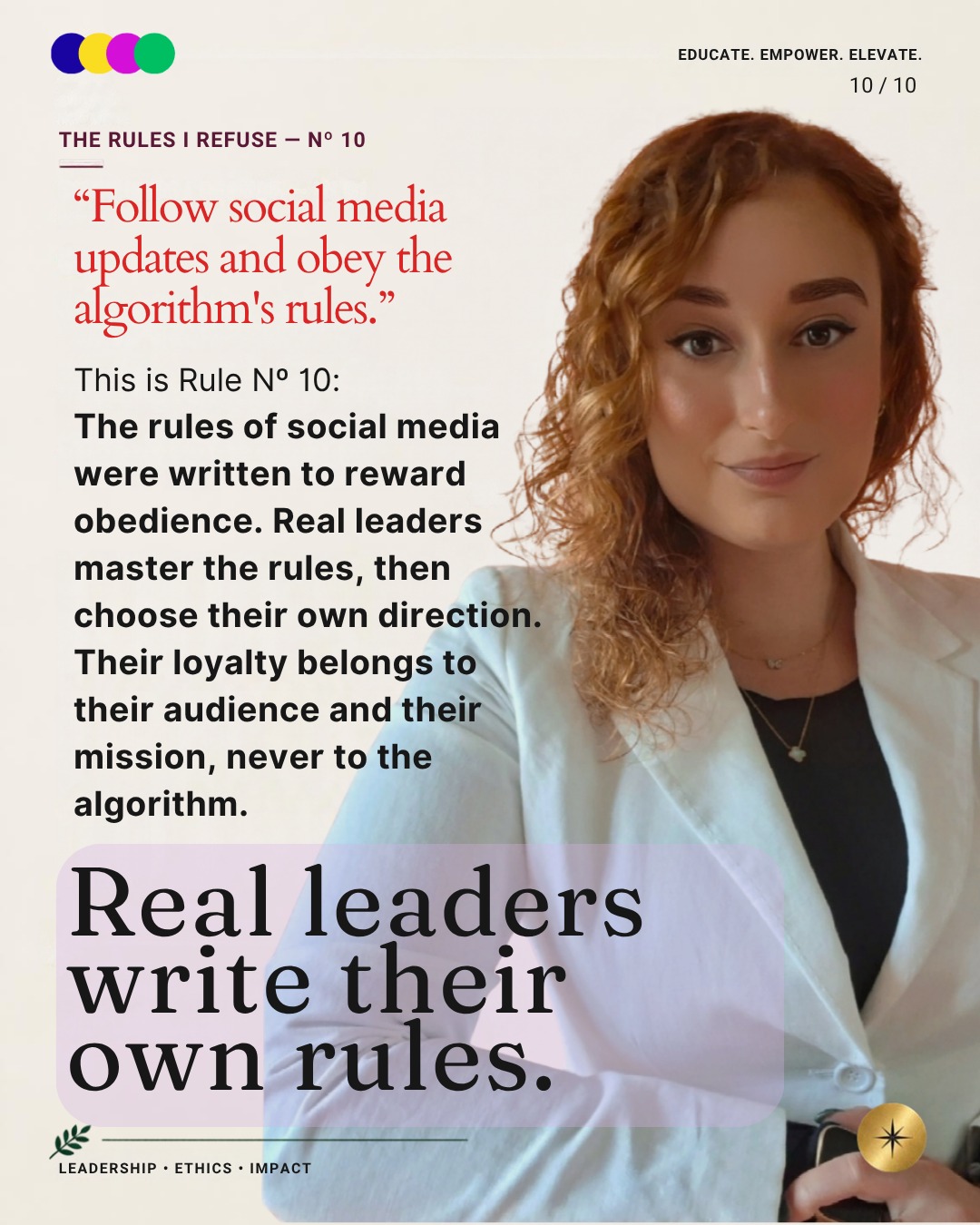 Instagram slide 10 of ten from The rules I refuse, dark serif quote over a cream background with a portrait of Mirela Curiman.