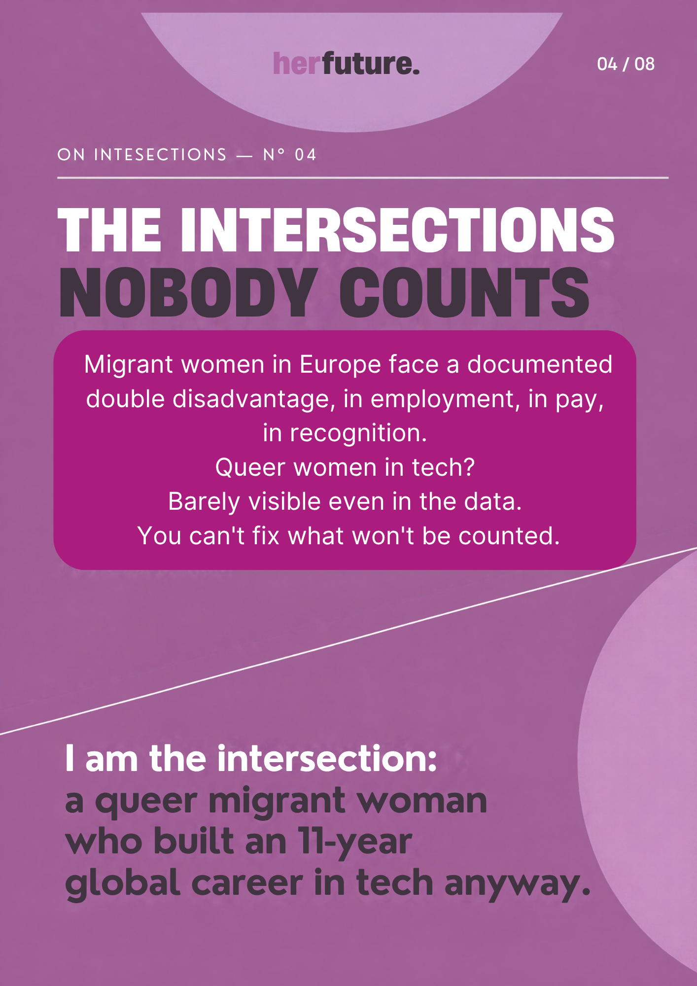 HerFuture slide on intersectionality: migrant and queer women in tech are missing from the data.