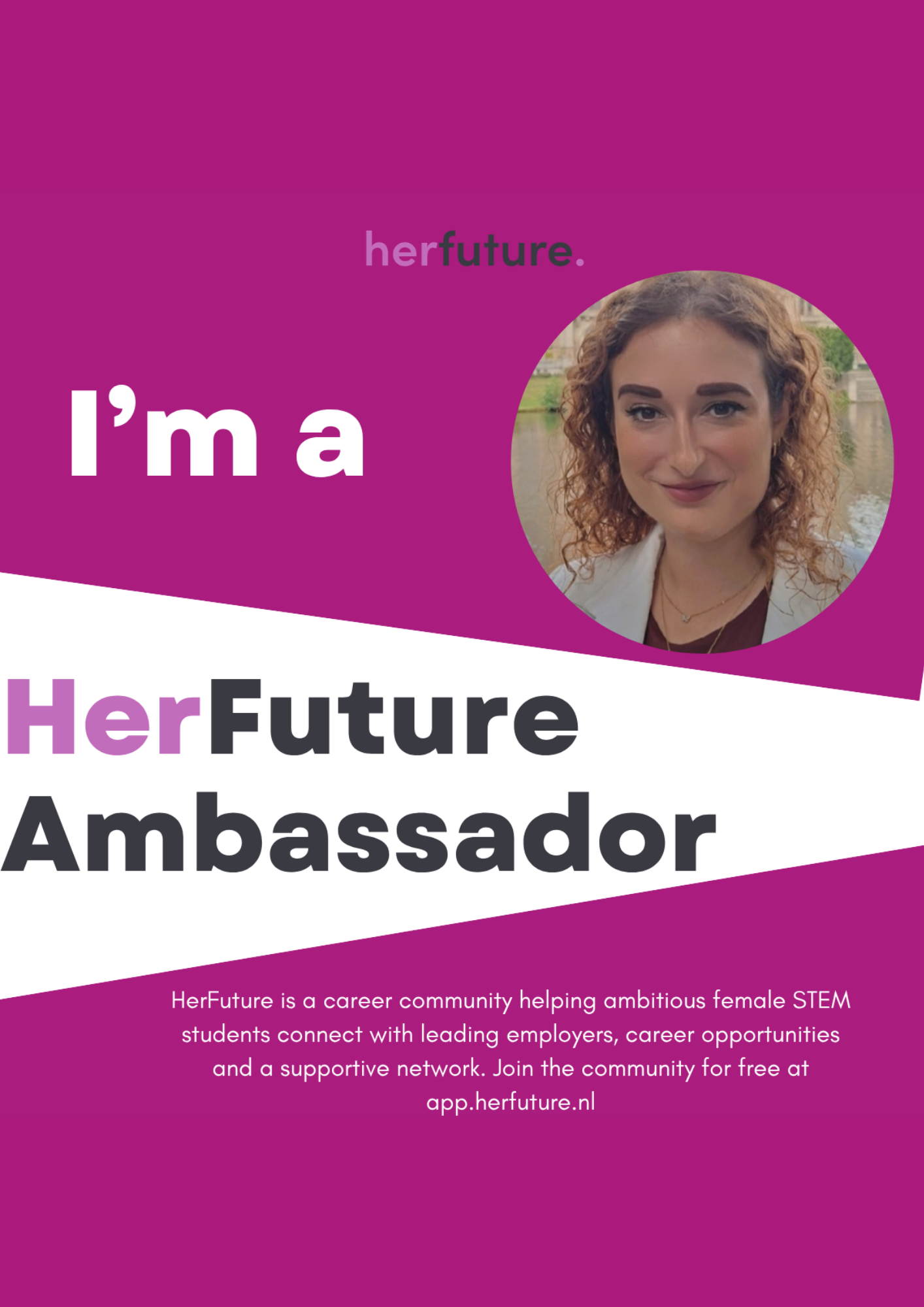 HerFuture slide announcing Mirela Curiman as a HerFuture Ambassador.