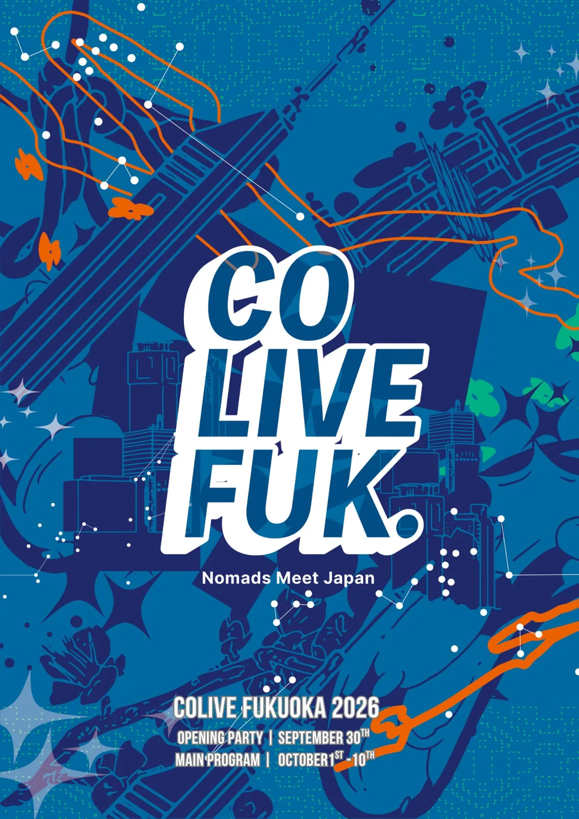 Official Colive Fukuoka 2026 key visual poster: 'Nomads Meet Japan', opening party 30 September, main programme 1–10 October.