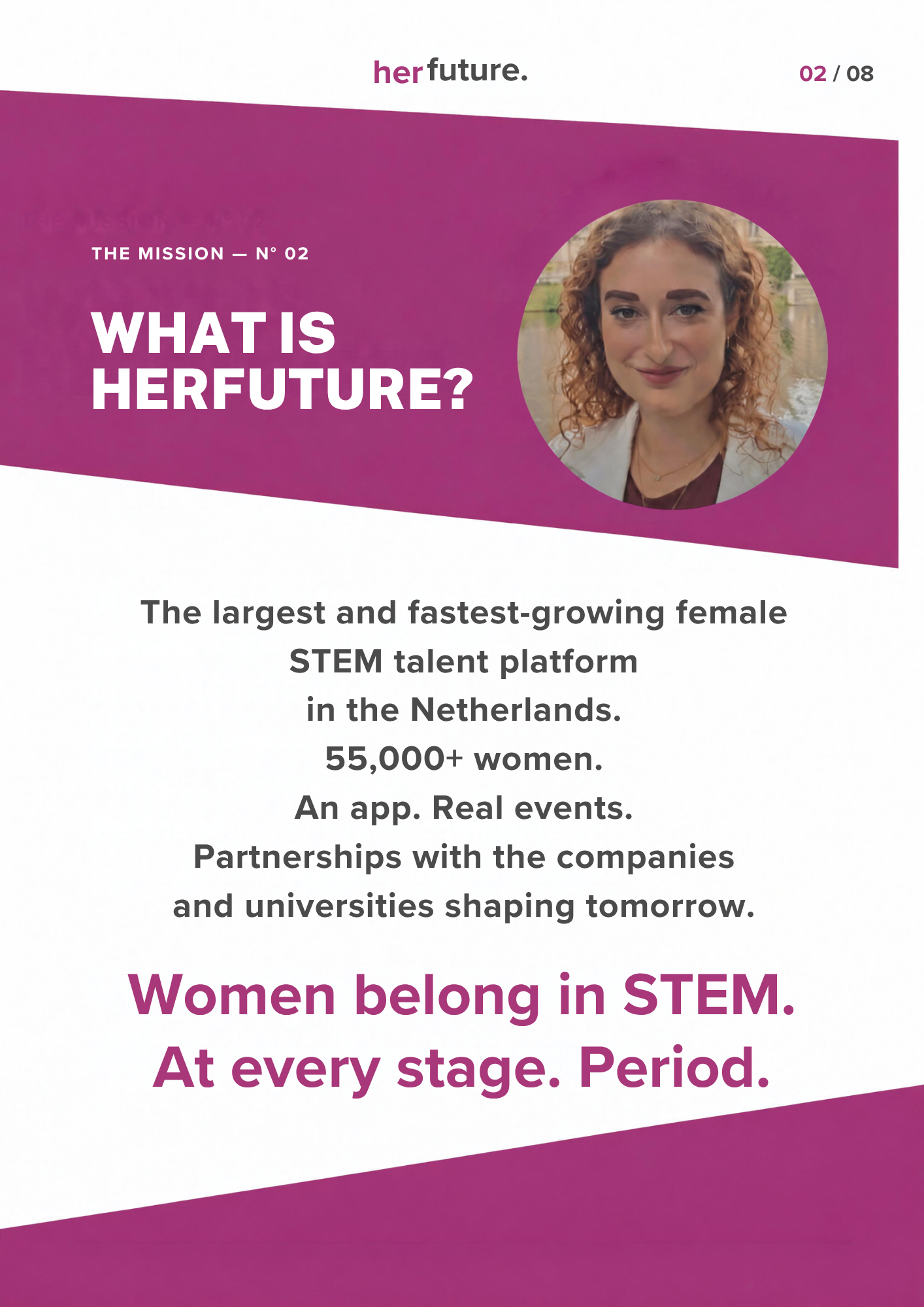 HerFuture slide: what is HerFuture, the largest female STEM talent platform in the Netherlands.