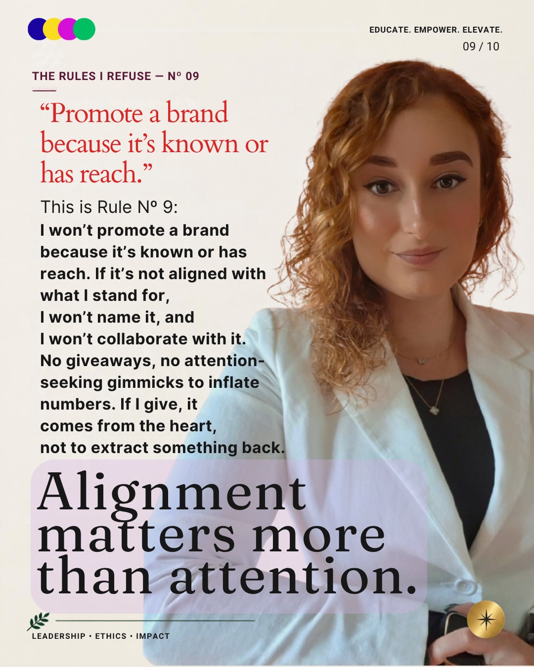 Instagram slide 09 of ten from The rules I refuse, dark serif quote over a cream background with a portrait of Mirela Curiman.